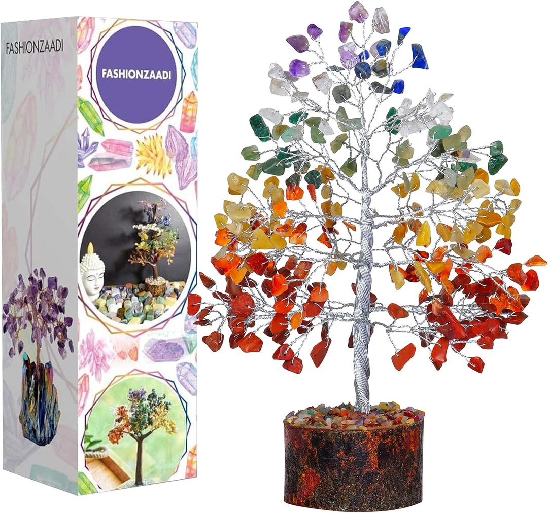 FASHIONZAADI Gemstone Money Tree Reiki Healing Chakra Balancing Handmade Bonsai Trees Spiritual Gift Aura Cleansing Good Luck Home Decor (Seven Chakra Silver Wire)