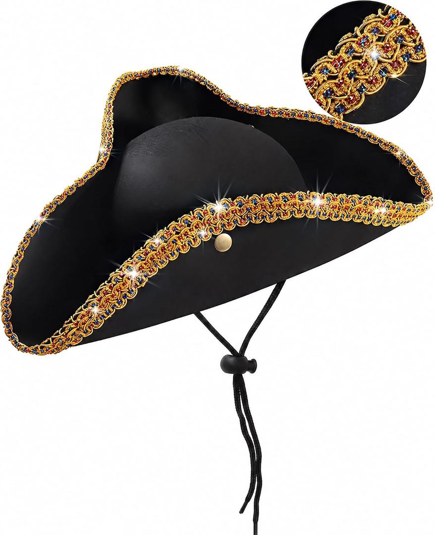 Revolutionary War Tricorn Hat - Adjustable Chin Strap, Fits a Wide Range Of Head Sizes, for Pirate George Washington Paul Revere Costume for Reenactment