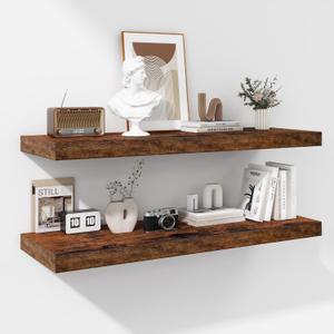 Fun Memories Floating Shelves - 2 Pack 12 Inch Rustic Wooden Wall Shelves - Extra Deeper & Thicker Wall Mounted Storage Shelf for Living Room, Kitchen, Farmhouse - 36" W x 12" D x 1.8" H - Brown (36"W x 12"D - 2P, Rustic Brown)