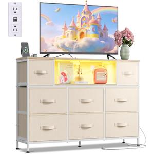 WLIVE LED Dresser TV Stand for 55 Inch TV, 8 Drawers, Cream White | Fits TVs up to 55 inch, 8 fabric drawers, LED chest of drawers, Built-in power outlet, Living room or bedroom