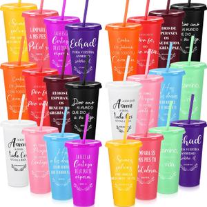 24 Packs Inspirational Christian Gift for Women Men Spanish Bible Verse Tumbler Bulk 24 oz Plastic Tumblers with Lids and Straw Religious Cup Church Gifts for Sunday School (Lovely Colors)