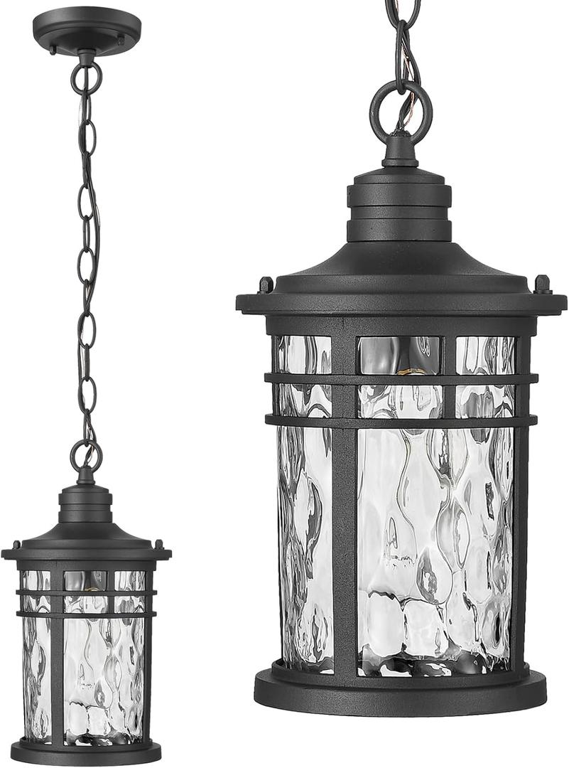 Outdoor Pendant Lights for Porch Aluminum Hanging Porch Light with Water Ripple Glass Hanging Lantern for Front Patio Gazebo Foyer or Garage (51 Inch, Black)