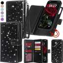 Varikke for iPhone 16 Plus Wallet Case Detachable with RFID Blocking Card Holder for Women, Glitter Leather Strap Strong Magnetic Flip Wallet Removable Phone Case for iPhone 16 Plus 6.7", Black