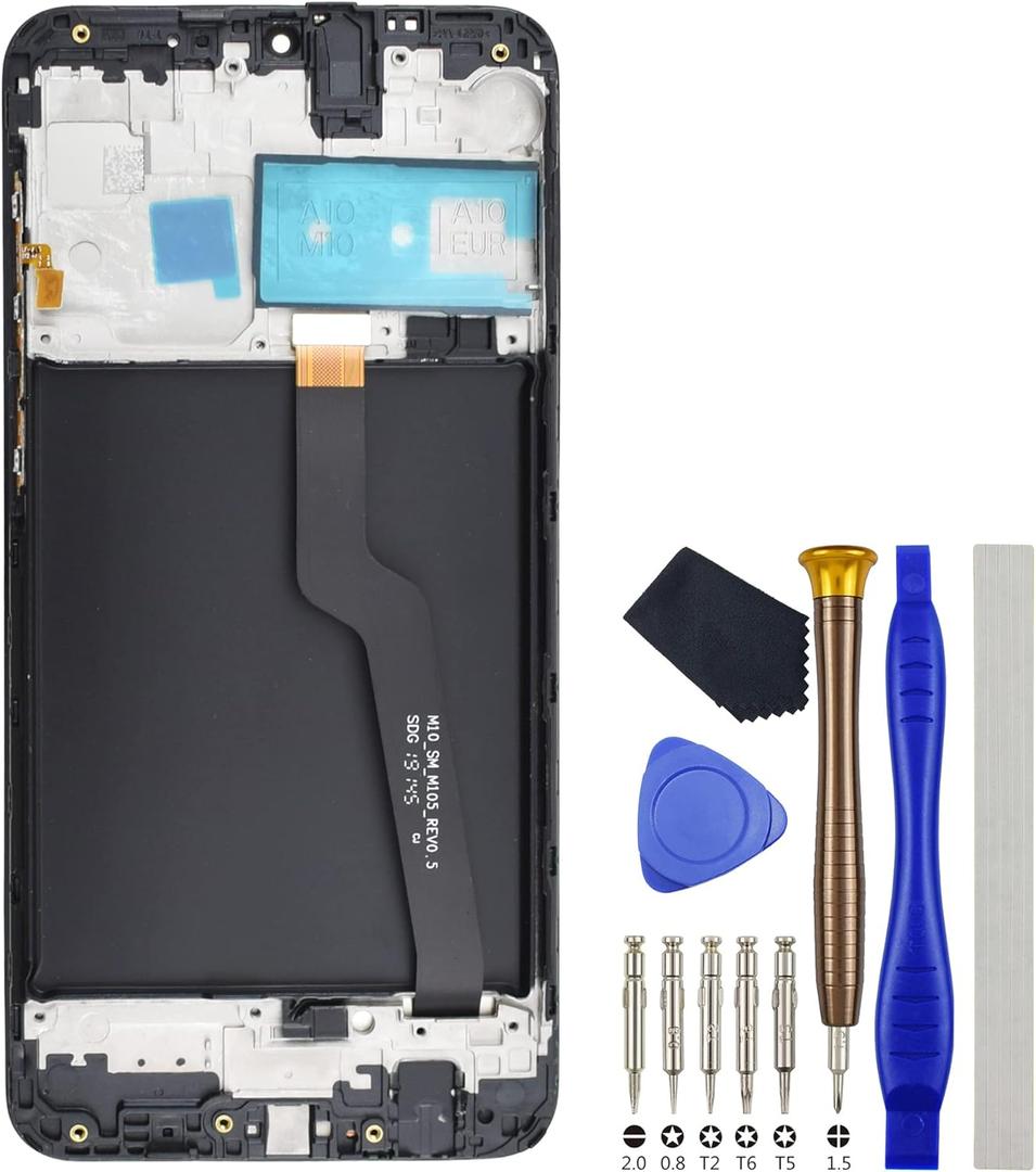 Full LCD Digitizer Touch Screen Assembly Replacement for Samsung Galaxy A10 SM-A105Fwith Screen Frame and Tool Kit Black 6.2"