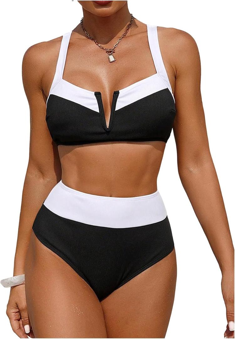 RoseSeek Women's 2 Piece Ribbed Knit Bikini Sets Cut Out Front Contrast Color Swimsuit Elegant Beachwear (M)