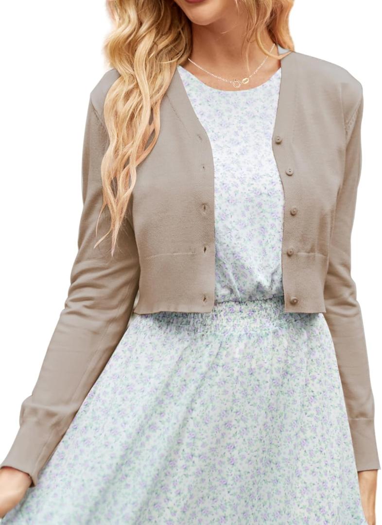 GRACE KARIN Women's Open Front Knit Cropped Bolero Shrug Cardigan Sweater Long Sleeve (S-4XL) (Medium, Khaki)