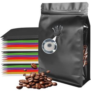 Coffee Bags with Valve, 50pcs Zipper Coffee Bean Storage Bags, Black Aluminum Foil Stand Up Pouches with Window for Home Business (16oz, 1lb)