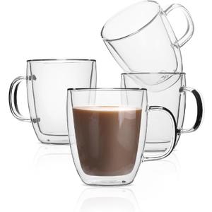 BTaT- Double Walled Glass Coffee Mugs, 16 oz, Set of 4, Glass Coffee Cups with Handle, Insulated Clear Coffee Mug for Hot and Cold Beverages, Cappuccino, Latte, Tea, Americano, Microwave Safe