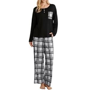 FLYCURVY Women's Pajama Sets 2 Piece Long Sleeve Sleepwear Soft Pj Set Loungewear Plaid Pjs with Pockets, Large 
