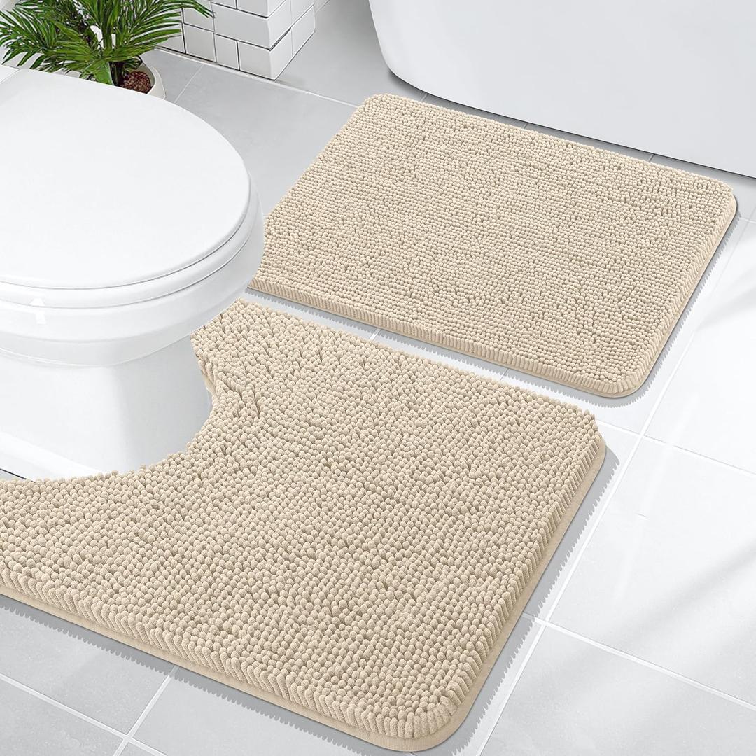 OLANLY Bathroom Rugs Sets 2 Piece, Soft Absorbent Chenille Bath Mats and U-Shaped Contour Toilet Mat Area Rug Set, Machine Washable Bath Carpet, Home Decor Accessories(24"x16"+24"x20", Sand)