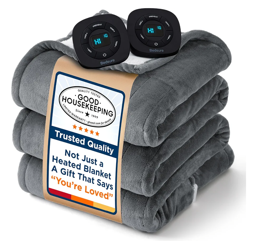 Bedsure Electric Blanket Queen Size - Dual Control Heated Blanket Queen, GentleSoft Fast Heating with 10 Time Settings & 10 Heat Settings, Warm Gift for Grandma (84x90 inches, Grey)