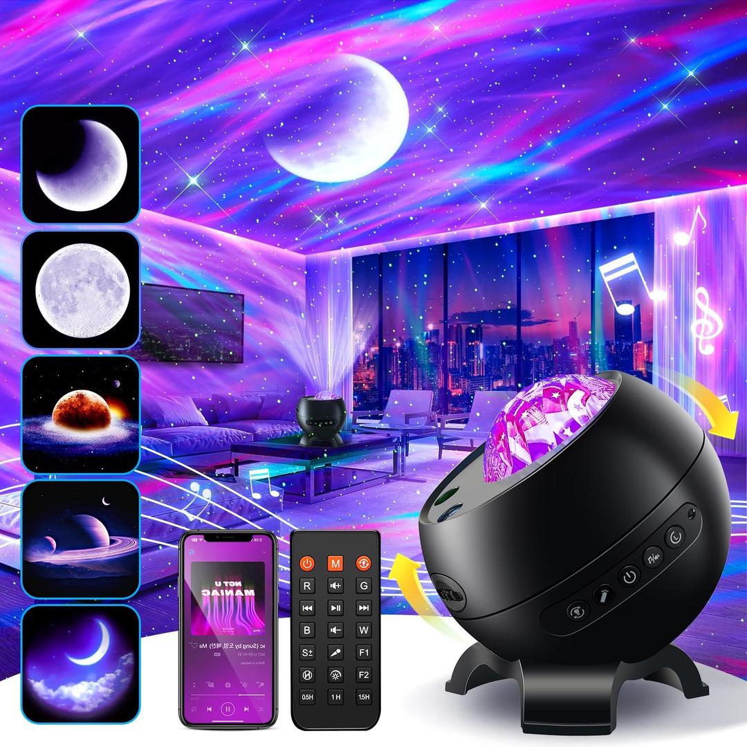 Northern Galaxy Light Projector, 300+Modes & 5 Films Star Projector, 15 White Noise & Bluetooth Northern Lights Projector,Moon Light Projector, Teen Girl Gifts Trendy Stuff, Consumer Electronics. (Black)