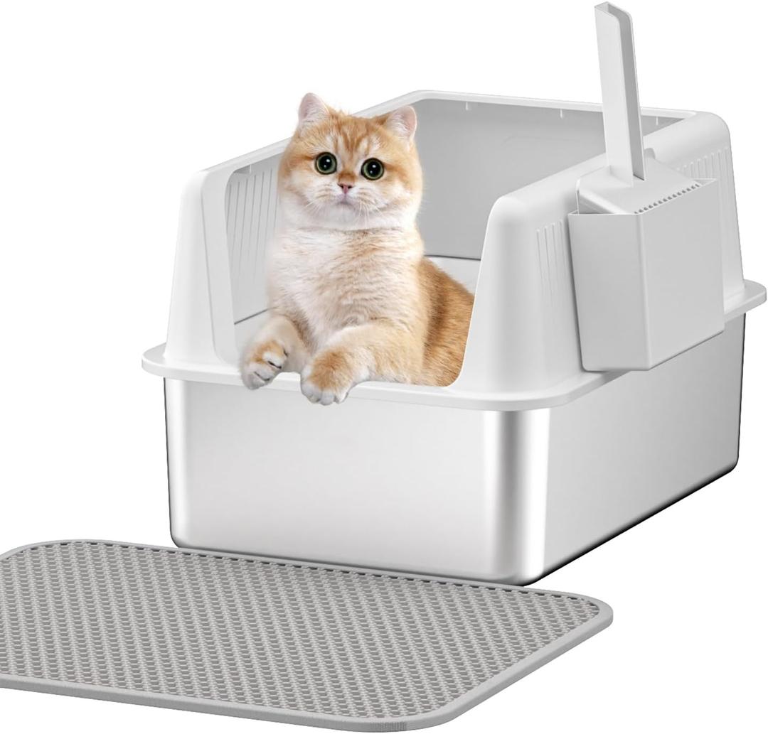 Stainless Steel Cat Litter Box with Lid,XL,19.7L x 13.8W x 11.8H Deep,Metal Litter Box with High Side,for Small and Large Cats,with a Scoop and Scoop Storage Box Litter Mat Double,Easy Cleaning (White 4 pcs gifts(11.8 deep))