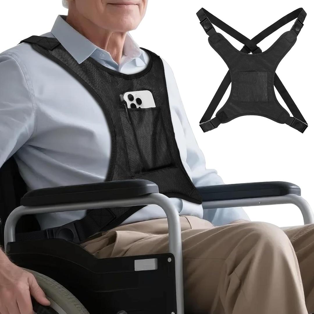 Wheelchair Seat Belt Harness for Adults, Adjustable Safety Vest with Pocket, Chest Harness Strap for Elderly Seniors and Disabled Patients to Prevent Sliding  Black