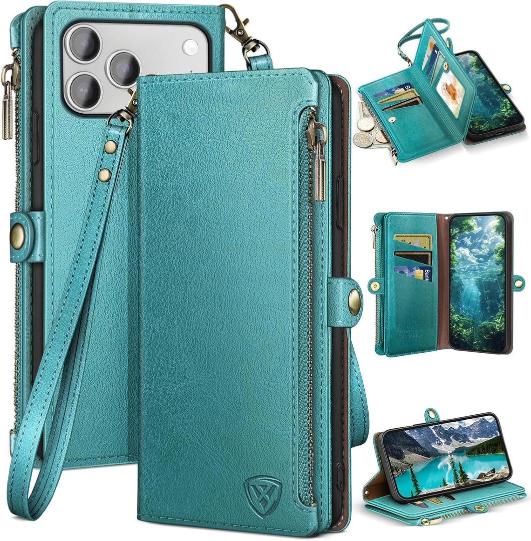 XcaseBar Compatible with iPhone 17 Pro 6.3" Wallet case with Zipper Credit Card Holder RFID Blocking,Flip Folio Book PU Leather Phone case Shockproof Cover Women Men for Apple 17 Pro case Blue Green