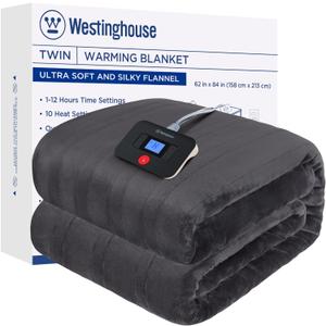 Westinghouse Electric Blanket Twin Size, Super Cozy Soft Flannel 62"" x 84"" Heated Blanket with 10 Fast Heating Levels & 1-12 Auto-Off, Machine Washable, ETL&FCC Certification, Charcoal
