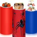 3 Pcs Red Blue Cylinder Pedestal Stand Covers Spandex Plinth Spiderweb Themed Cylinder Stand Covers for Birthday Party Wedding Shower Props Decor