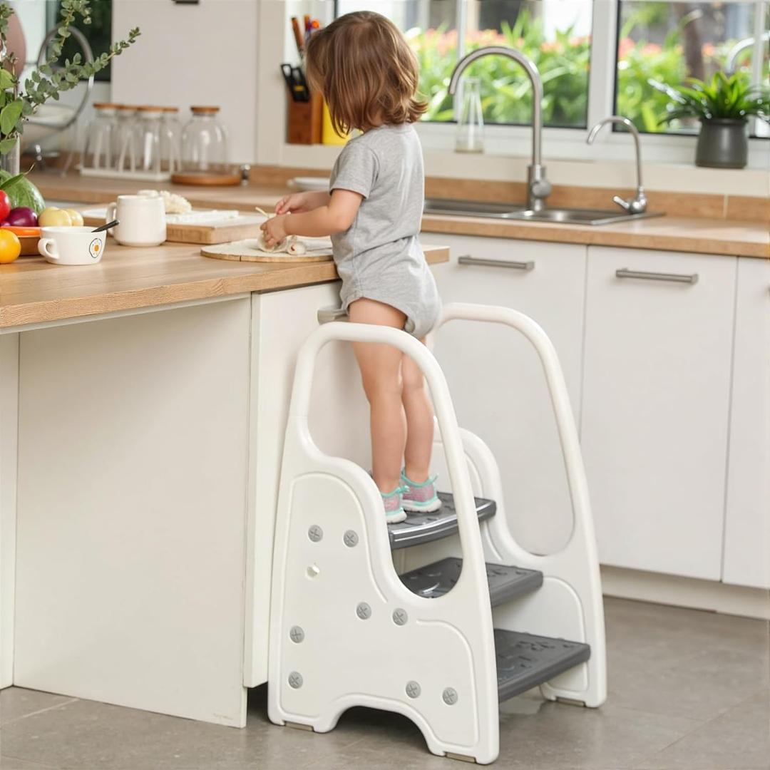 3 Step Stool with Handle for Toddler and Kids, Adjustable 3 Step Stool for Kids with Handles and Safety Non-Slip Pads,Standing Tower for Bathroom Sink, Potty Training(Gray)