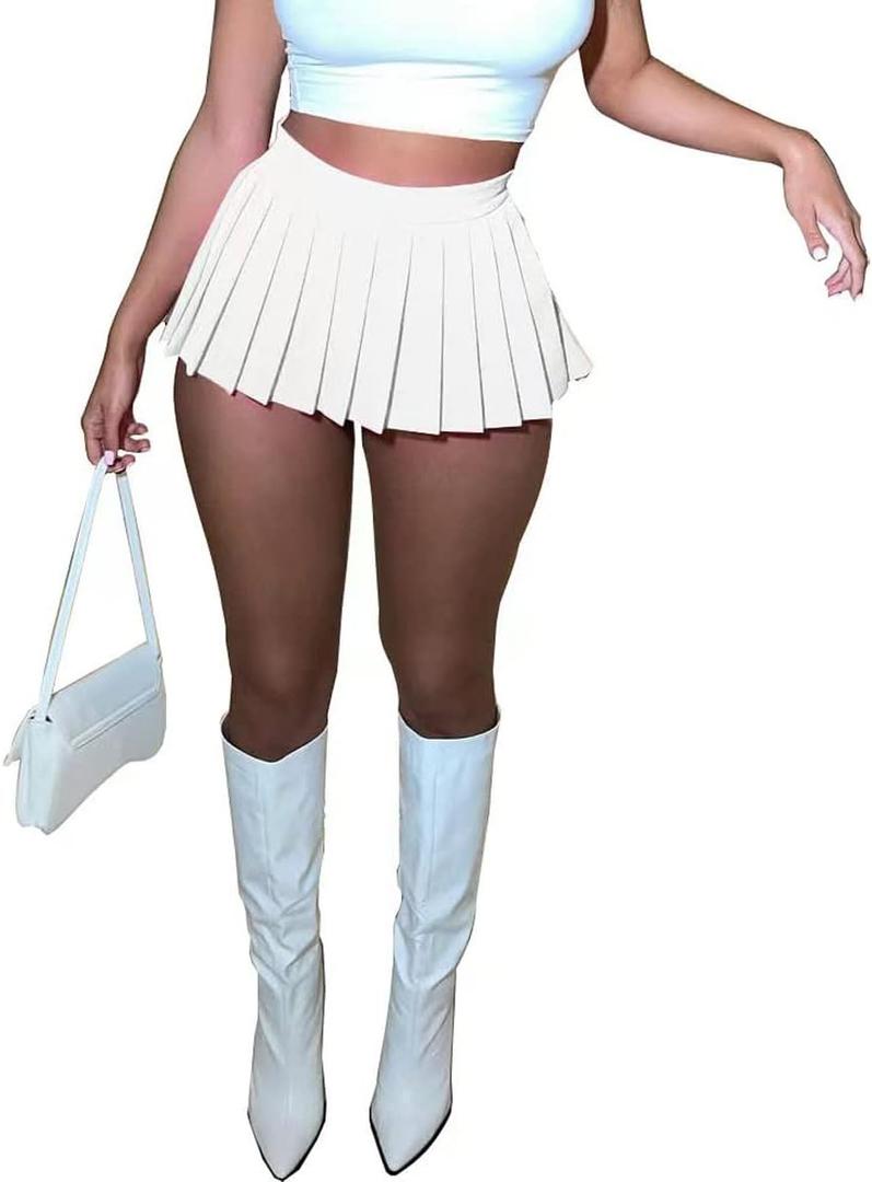 Women's Mini Pleated Skirts Sexy Club Y2k High Wiast Stretchy Tennis Skater A-line Skirt (White)