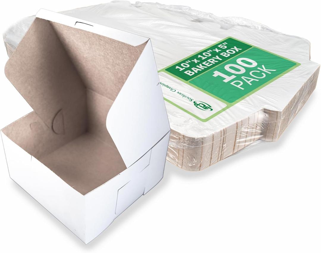 SCT 0977 White Non-Window Lock Corner Bakery Box, Recycable, Professional Clean Cake Boxes, Cookie and Pastry Boxes, Bulk Pack, 10" L x 10" W x 5-1/2" H (Case of 100)