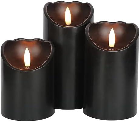 DRomance Black Flameless Pillar Candles with 6H Timer AAA Battery Powered Real Wax Wick Flickering LED Candles Halloween Theme Home Decoration Candle 3 x 4, 5, 6 Inches