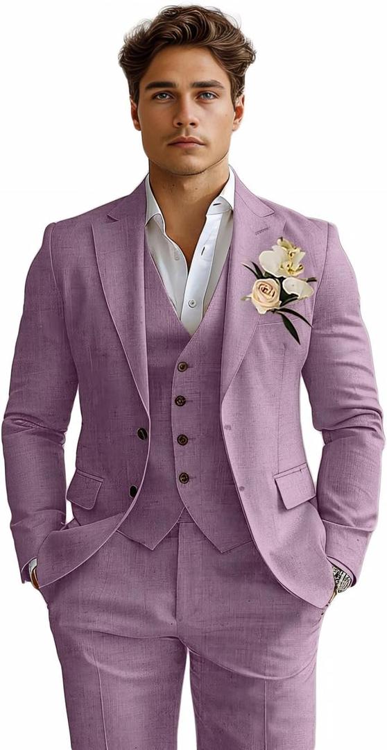 Linen Mens Suits 3 Piece Slim Fit Tuxedo Suit for Men Beach Wedding Formal Business Suit Groom Prom Set Outfits, Size M