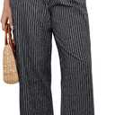 GRAPENT Striped Pants for Women High Waisted Wide Leg Cotton Linen Trendy Beach Pull on Elastic Waist Casual Flowy Pants (Small, Black White Stripe)