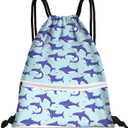 Slohif Drawstring Backpack Beach Swim Bag for Kids Little Sharks Draw String Dance Travel Cinch Ballet Gym Bags for Girls Boys Waterproof Backpack for Swimming Summer Camp Pool Sports Nylon Large