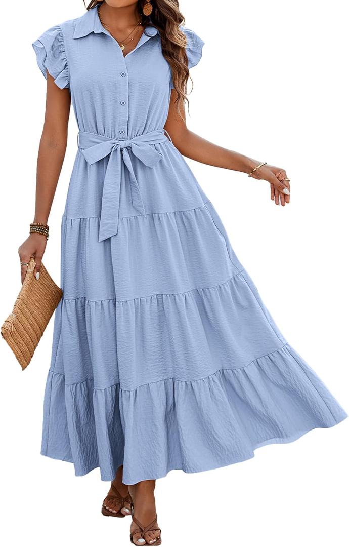 dowerme Ladies Dress 2025 Ruffle Cap Sleeve Button Down V Neck Tie Waist Plain Pleated Tiered Boho Flowy A-Line Dresses(Sky Blue, Small)