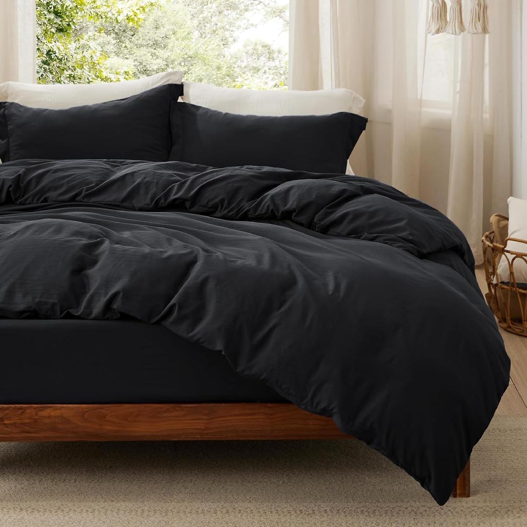 Bedsure Duvet Cover Queen Size with Fitted Sheet - 4 Pieces Prewashed Polyester Extra Soft Bedding Set, Includes 1 Duvet Cover 90x90 Inches with Zipper Closure, 2 Pillow Shams, 1 Fitted Sheet, Black (07 - Black (No Comforter))