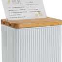 Recipe Box with Cards and Dividers Set 4x6 Recipe Holder for Kitchen Counter Metal White Vertical Stripe Pattern Embossed Recipe Card Box with Wooden Grooved Lid