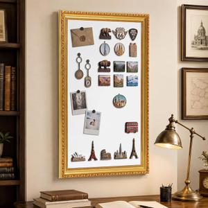 Sintuff 32" x 21.5" Vintage Magnetic Board for Wall, Retro Gold Frame Baroque Metal Magnetic Wall Board for Travel Souvenir Magnet Collections