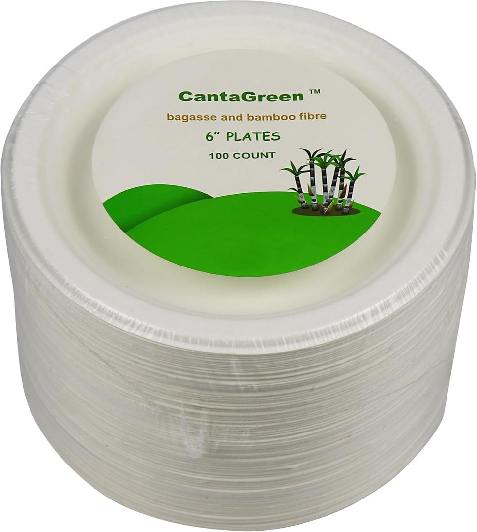 6 inch Small Compostable Dessert Plates,100 Count Heavyduty Sugarcane/Bagasse and Bamboo Fibre Biodegradable Disposable Paper Plate