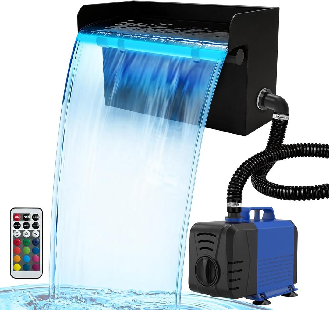 Pond Waterfall Spillway Kit, 8 inch Stainless Steel Spillway with Remote Control LED Lights, 660GPH Submersible Water Pump, Outdoor Waterfall Fountain for Water Feature, Garden, Backyard, Pool