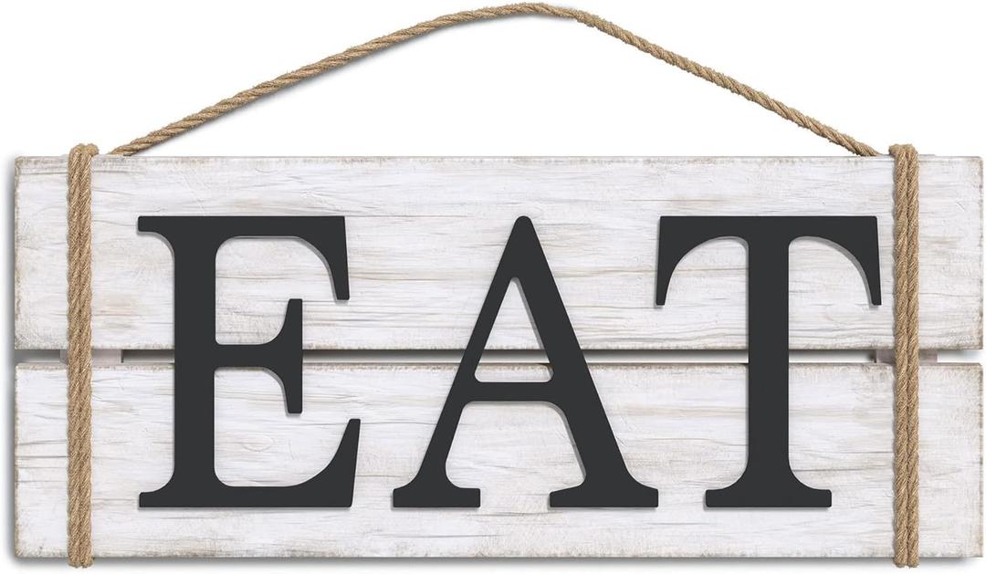 Barnyard Designs Eat Wood Wall Art Sign, Rustic Primitive Farmhouse Country Kitchen and Home Wall Decor, White/Black, 17" x 7