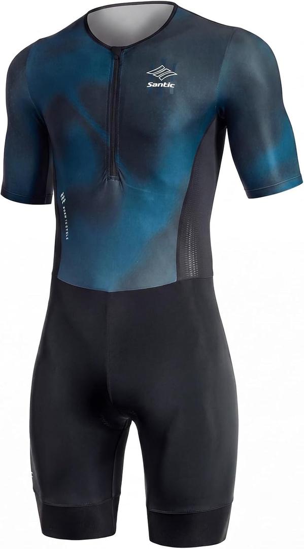 Santic Men’s Short Sleeve Triathlon Suit – One-Piece Tri Suit with Padding & Rear Pockets, Quick-Dry Performance Swim Bike Run Triathlon Gear for Training & Racing,Green L