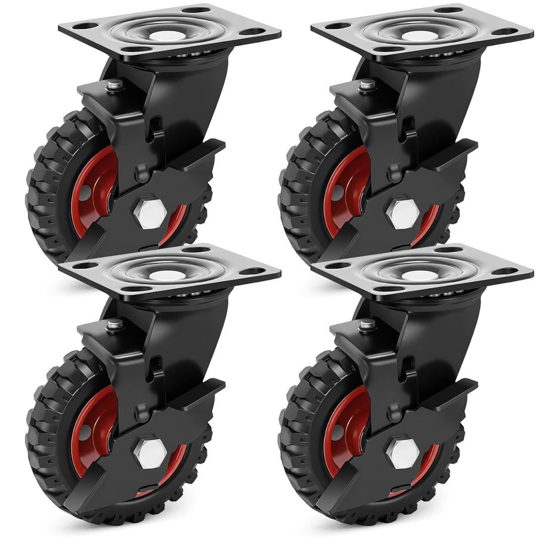 5 Inch Outdoor Heavy Duty Casters Wheels Set of 4, Sturdy Large Rubber Casters with Brake, Industrial Grade Plate Swivel Castors 1080 LBS with Knobby Tread for Workbench, Cart, Chicken Coop