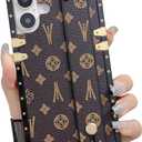 Compatible with iPhone 16 Case Luxury Designer for Women Girls,Rectangle Leather with Wristband Strap Kickstand Holder Protective Phone Cover for iPhone 16-6.1 inch (Brown)