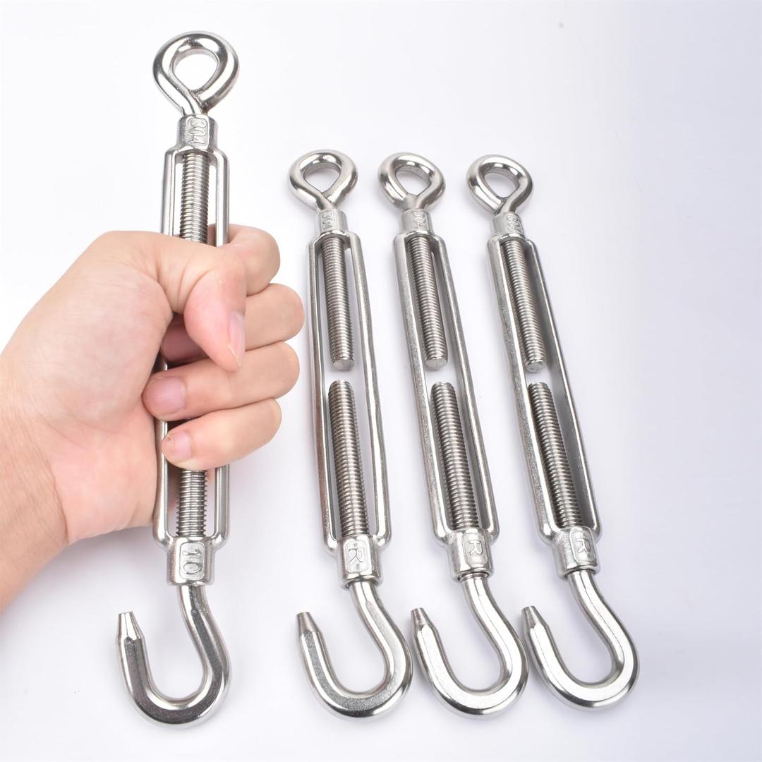 M10 Turnbuckle,3/8" (10mm) Thread Stainless Steel Hook & Eye Alele Stainless Steel 304 Turnbuckles Heavy Duty Wire Rope Tension 4pcs