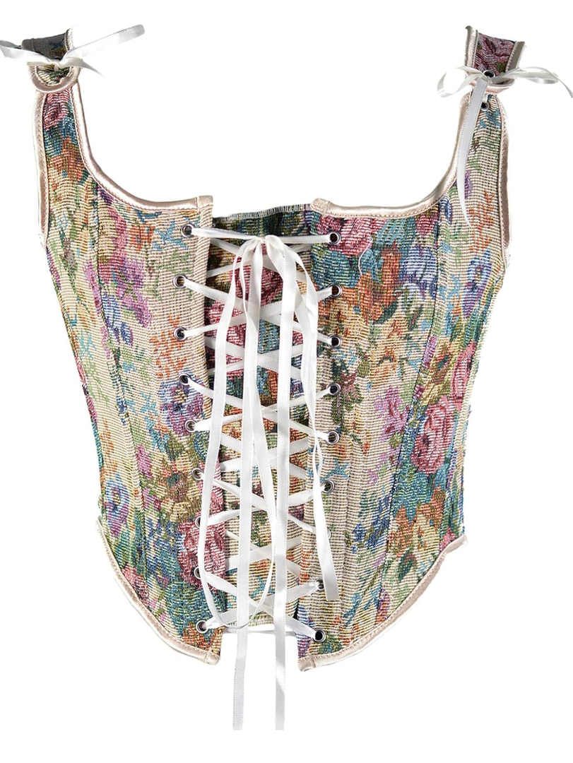 Women Vintage Lace Up Floral Corset Top XL