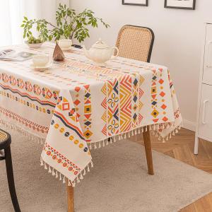 Waterproof Bohemian Tablecloth, 8 Foot Rectangle Fabric Orange Colorful Table Cloth with Soft Cotton Tassels, Farmhouse Vintage Dining Table Cover for Indoor Outdoor Use