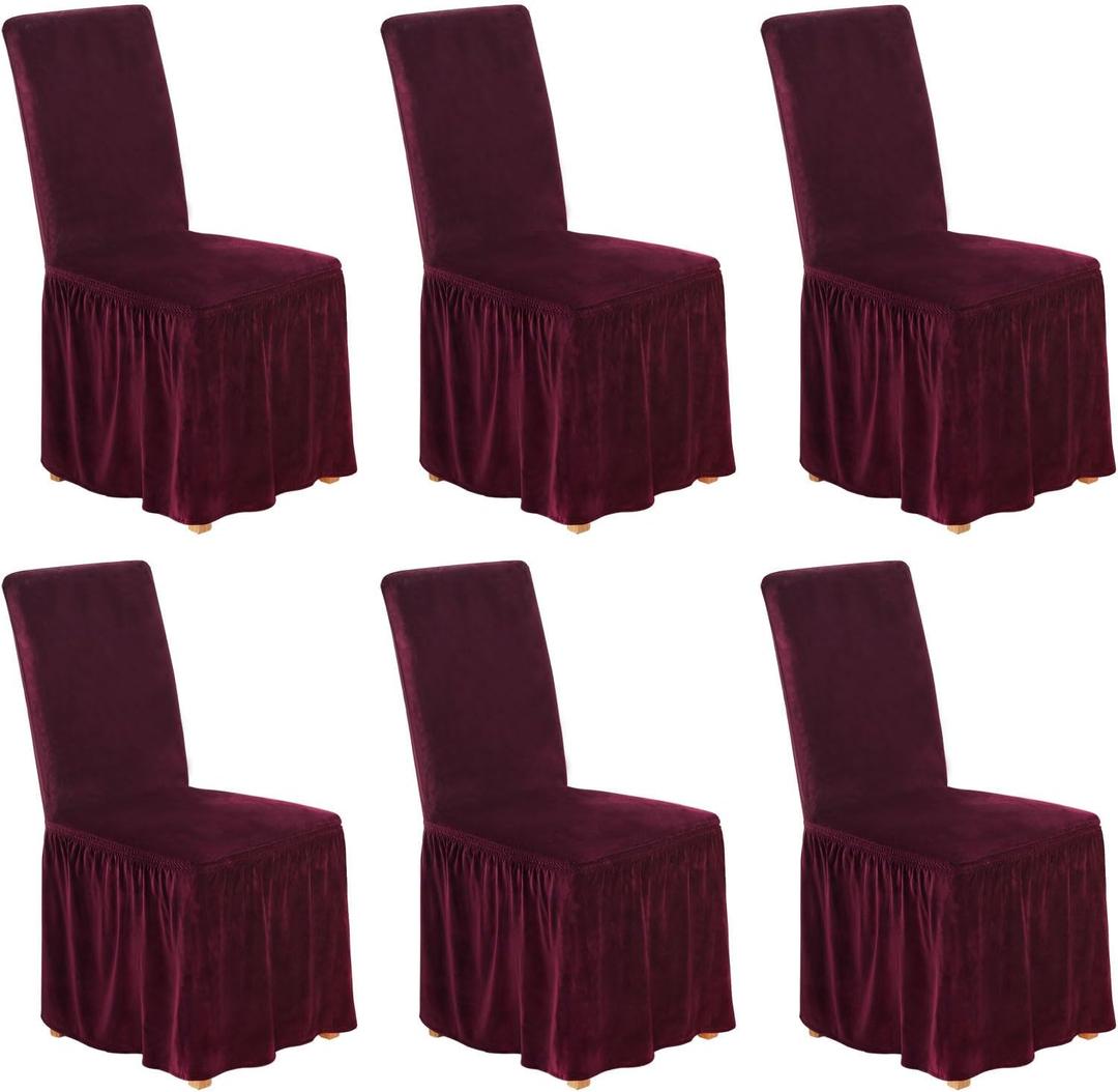 NICEEC Spandex Chair Covers for Dining Chairs Covers Set of 6 Removable Dining Room Chair Covers with Skirt Parson Chair Slipcovers Washable Chair Protector for Kitchen Wedding Party(Wine Red)