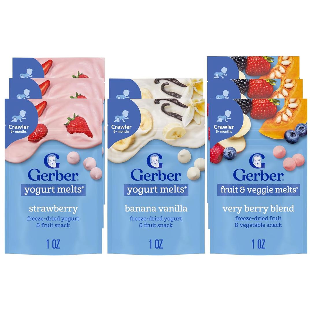 Gerber Stage 3 Baby Food Snacks, Strawberry, Banana Vanilla Yogurt Melts, Very Berry Fruit and Veggie Melts, Baby Led Feeding, 8-Pack BBD: 04-18-26