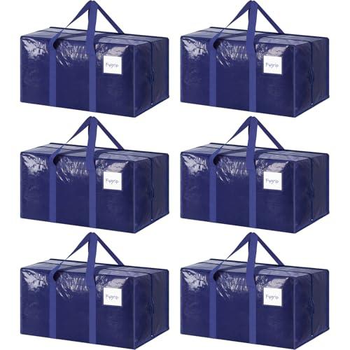 6 Pack Extra Heavy Duty Large Moving Bags with Strong Zipper & Comfortable Handles, Sturdy & Durable Clothes Storage Bags Totes Bins, Blue Packing Moving Boxes for College Supplies, Dark Blue