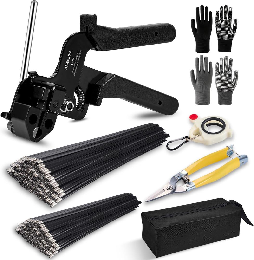 Stainless Steel Cable Tie Gun KitWith 300pcs Uv Resistant Black Metal Zip Ties Heavy Duty Outdoor (150 Each of 8, 12 Inch) Adjustable Fastening Cutting Tie Tool Setsfor Chainlink FenceExhaust Wrap