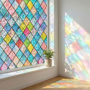 Coavas Window Privacy Film Stained Glass Window Clings 3D Rainbow Film for Glass Door Decorative Colorful Lattice Stickers Static Cling Sun Blocking Door Coverings for Home, 35.4 x 78.7 inch
