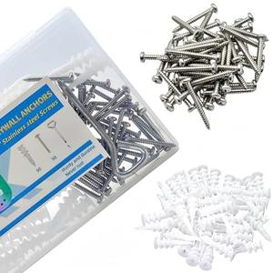 Pack of 2 Awilzzoe Self Drilling Drywall Anchors with 304 Stainless Steel Screws 100 Set, Heavy Duty, Rustproof, and Easy to Install,50 Plastic Anchors + 50#8 x 1-1/4'' 18-8 Stainless Steel Screws,75LB Hanging