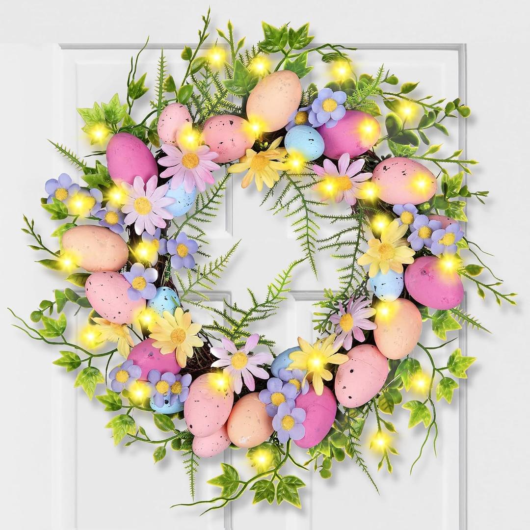 Easter Egg Wreath for Front Door - Pastel Eggs & Daisy Decor Porch Window Spring Wreaths with Fern Foliage Indoor Outdoor Decor for Easter Holiday Celebrations Decorations