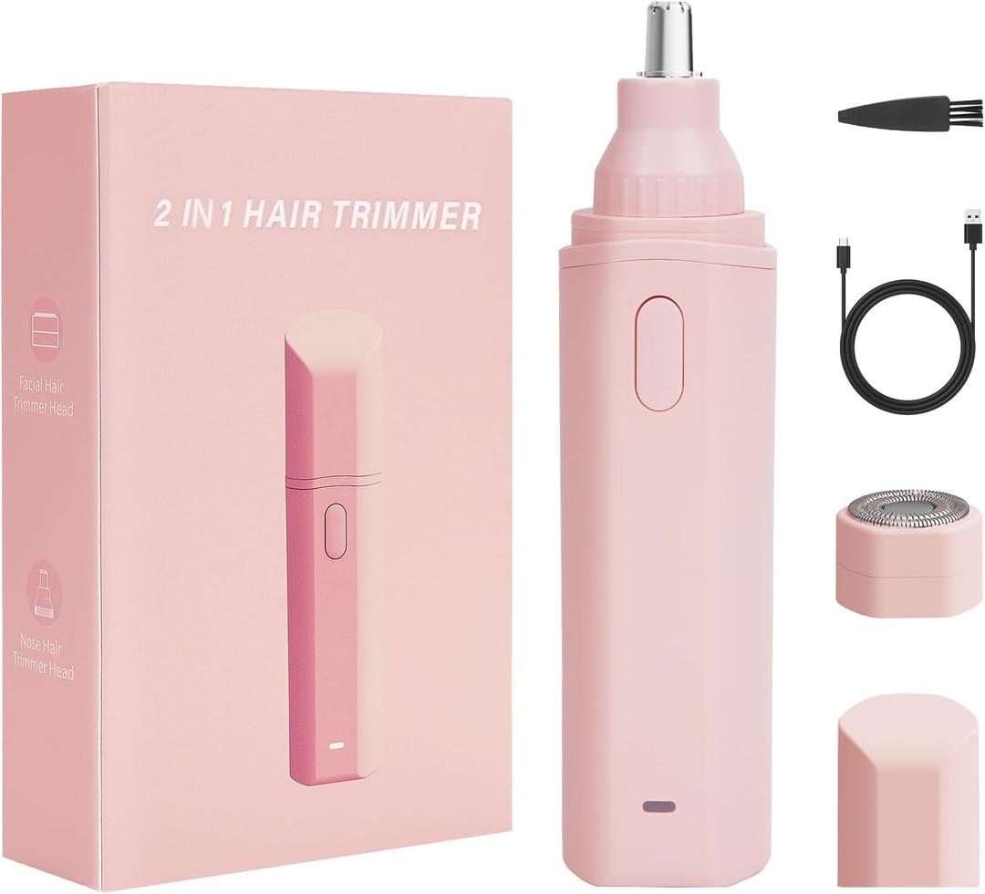 2-in-1 Nose Hair Trimmer for Women and Men, USB Rechargeable Remover, Painless Facial Hair Removal, Professional Eyebrow Razor, Body Shaver, Ear Trimmer, Portable Epilator, Dual Edge Blades, Pink