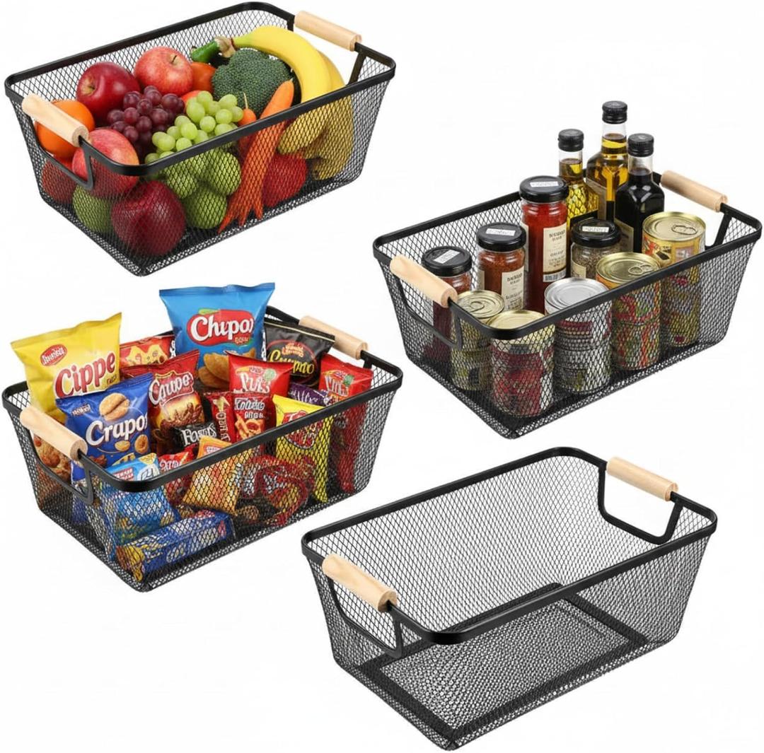 Ziliny 4 Pcs Metal Wire Basket with Wooden Handles Mesh Steel Storage Organizer Bin Containers for Home Organizing Cabinet Pantry Closet Kitchen Fridge Fruit Makeup Snacks Gifts(Medium,Black)